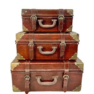 Classic Brown Leather Suitcase Trio